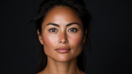 Obraz premium Close-up portrait of a young Asian woman against a dark background. Her radiant skin and calm expression create a serene mood.