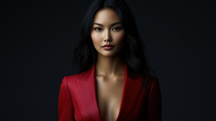 Fototapeta premium Confident Asian woman in red blazer against dark background.