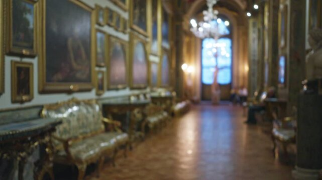 Blurry interior of galleria doria pamphilj with defocused paintings on ornate walls and chandeliers illuminating the museum's luxurious decor in rome, capturing a serene art ambience.