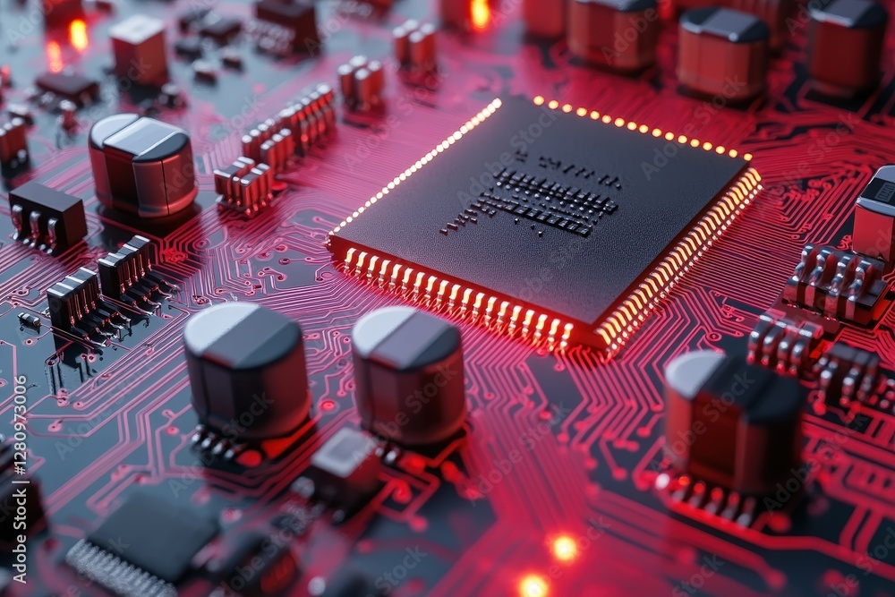 Aufkleber close-up of red and black circuit board with microchip and electronic components highlighting modern