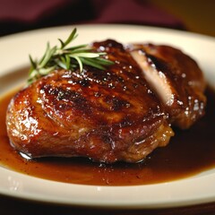 Glazed pork chop with rosemary on a white plate.