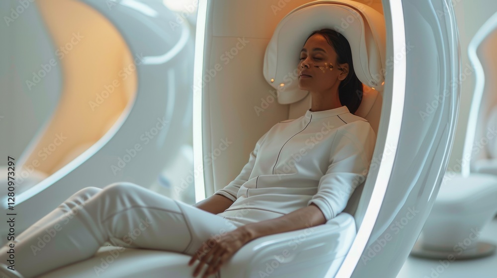 Poster A person is engaged in a mindfulness session inside a sleek digital therapy pod designed for mental health enhancement. The tranquil environment promotes relaxation and focus.