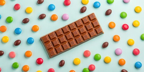 entertainment food pastel concept. Chocolate bar surrounded by colorful candies on a light background.