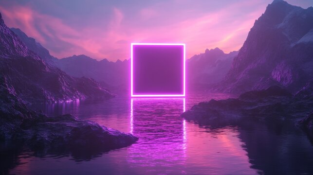 Neon cube floating in mystical mountainous lake at sunset
