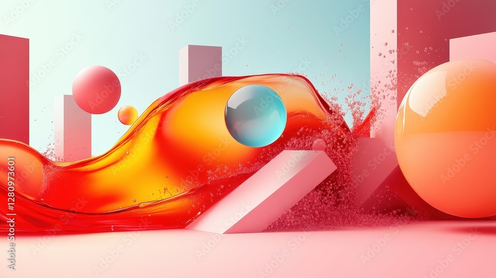Poster abstract composition with colorful liquid shapes and geometric forms in a modern artistic setting