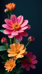 Obraz premium Dark backdrop, vibrant blooms, intricate petals , photography, blossom