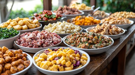 A lively outdoor family party with a variety of delicious home-cooked dishes