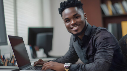 A smiling man in a blue shirt is sitting at a desk with a laptop
