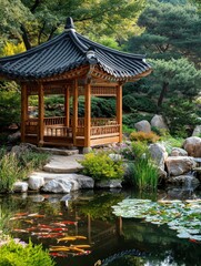 Fototapeta premium Korean Garden Featuring A Beautiful Asian Architecture Structure