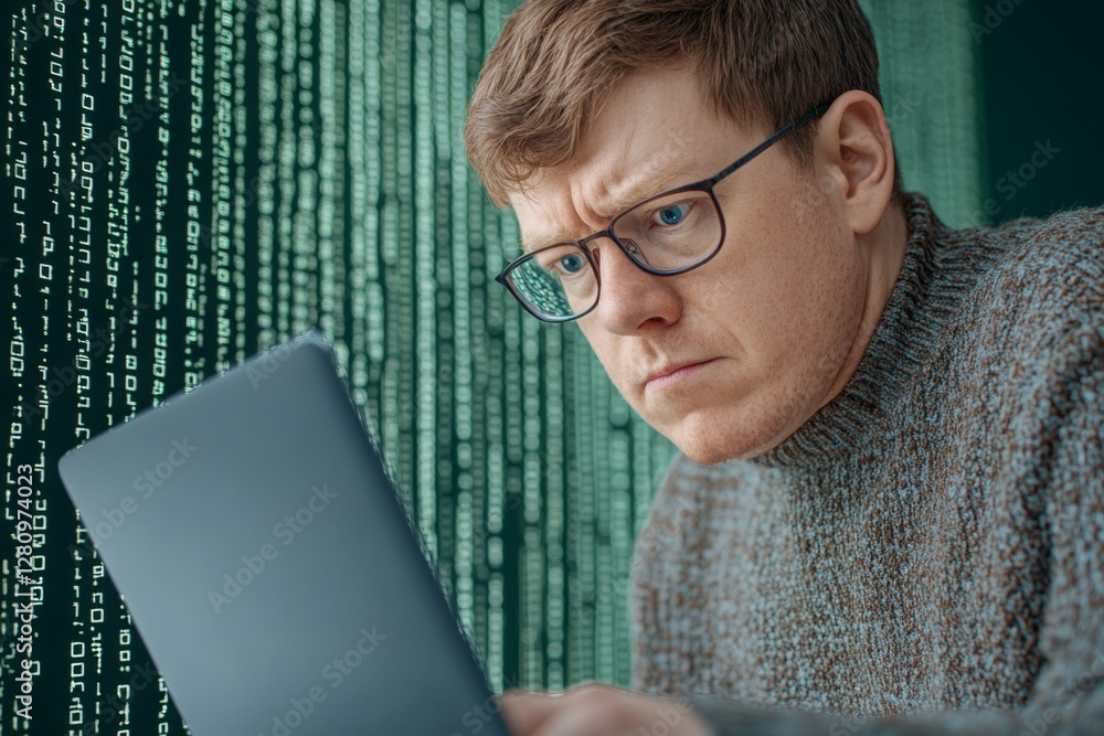 Leinwandbilder Digital technology concept Man programmer working on laptop for big data management, computer code on futuristic virtual interface screen, data mining, digital software development