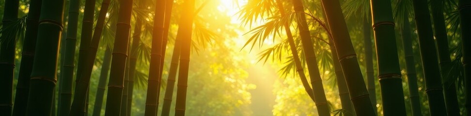 Golden sunlight filters through dense bamboo canopy, Japan, serene, wallpaper