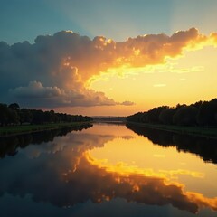 Golden hour paints the sky and still river with yellow hues, cloud reflections dance on water , majestic, natural, sky
