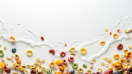 Fototapeta premium Colorful Themed Cereal Pieces Scattered with Splashing Milk
