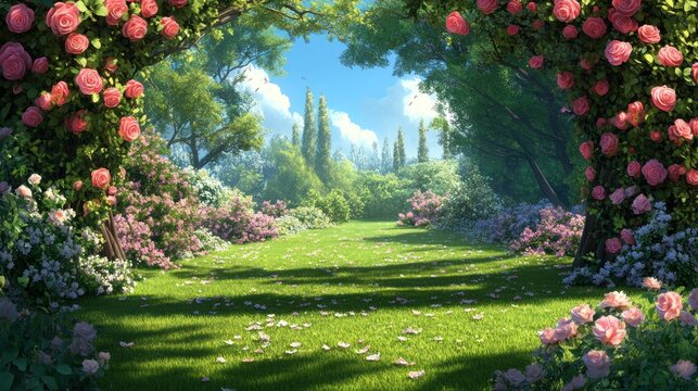 Idyllic rose garden path, sunlit meadow, blooming flowers.