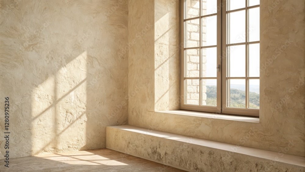 Poster sunlight streaming through weathered arched window in abandoned historic stone building interior wit