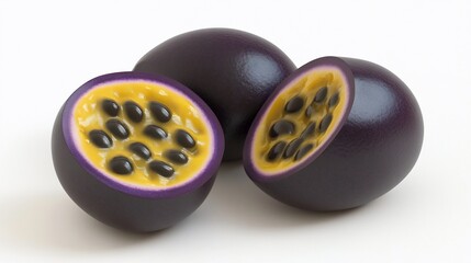 Halved passion fruit on white background, studio shot