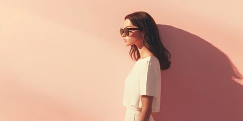 Obraz premium A woman wearing a white dress and sunglasses poses confidently in front of a vibrant pink wall, showcasing a stylish and modern aesthetic.
