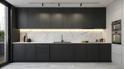 A beautifully designed minimalist and contemporary kitchen interior featuring sleek black cabinets white marble countertops high end stainless steel appliances © NRD