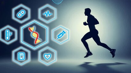 Dynamic Runner with Health and Fitness Symbols in Background - Powered by Adobe