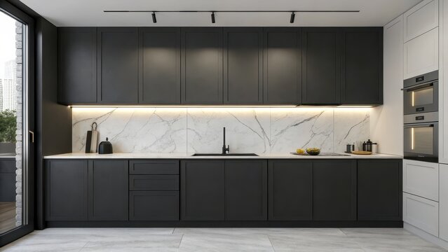 A beautifully designed minimalist and contemporary kitchen interior featuring sleek black cabinets white marble countertops high end stainless steel appliances