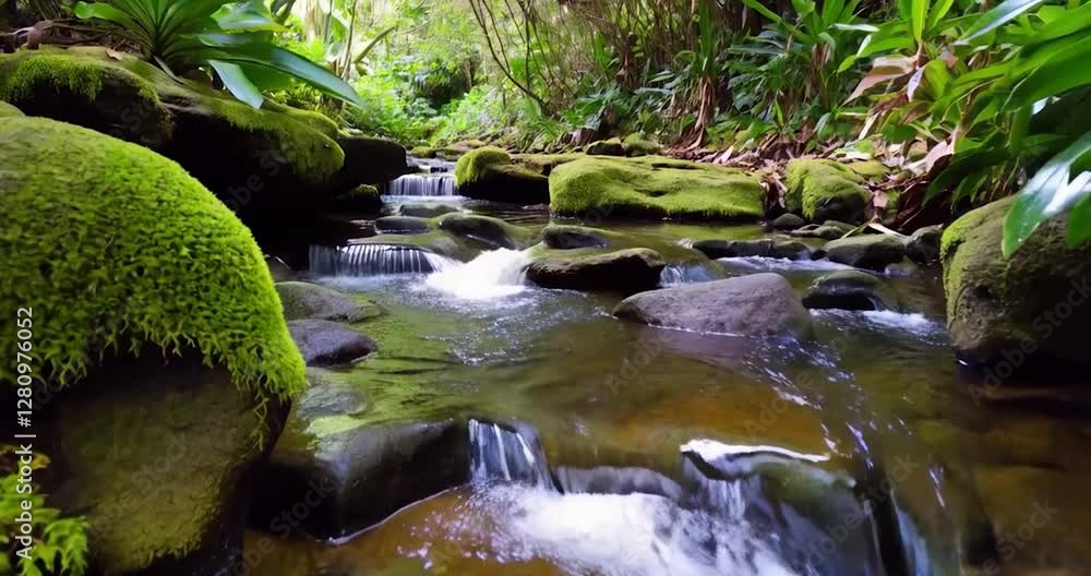 Poster stream in tropical forest flowing through stone rocks and lush greenery in a forest environment