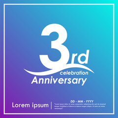 3rd years anniversary celebration emblem. anniversary logo isolated with curve stroked - wave line on purple and blue gradient background. vector illustration template design