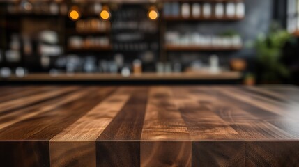Empty wooden table in blurred coffee shop background