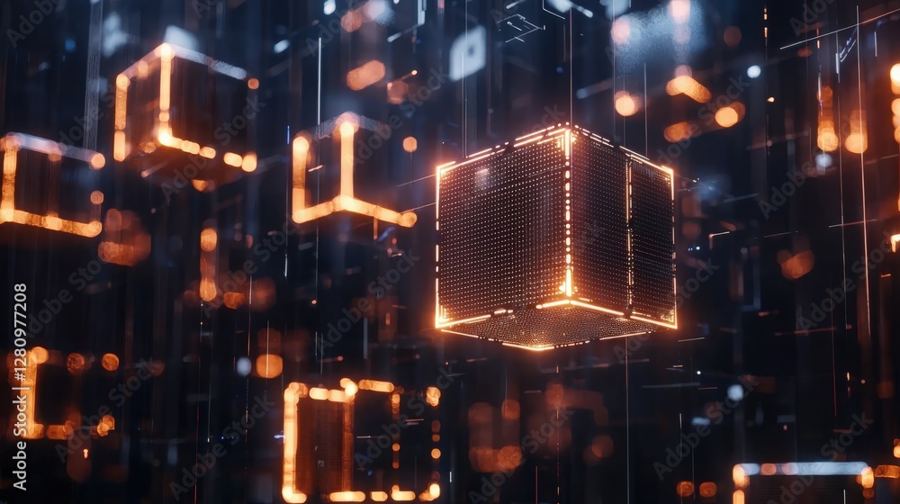 Poster a futuristic technology background featuring floating light cubes in a digital space, symbolizing in