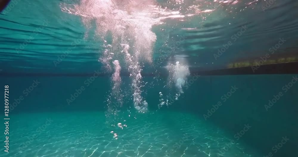 Poster bubbles ascending in blue sea water, with a focus on the underwater view and light effect. bubbles r
