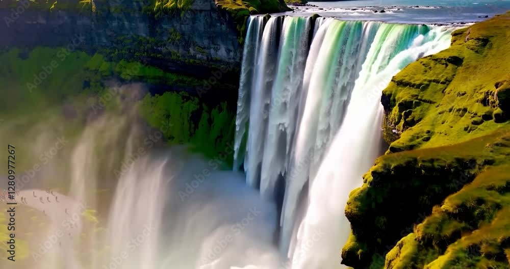 Poster scenic view of a waterfall with lush green grass, blue sky and landscape. waterfall in an unspecifie