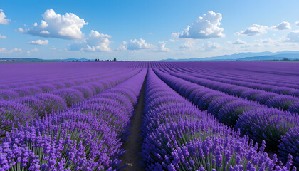 Endless rows of blooming lavender fields stretching toward the horizon under a clear blue sky. Fluffy white clouds drift