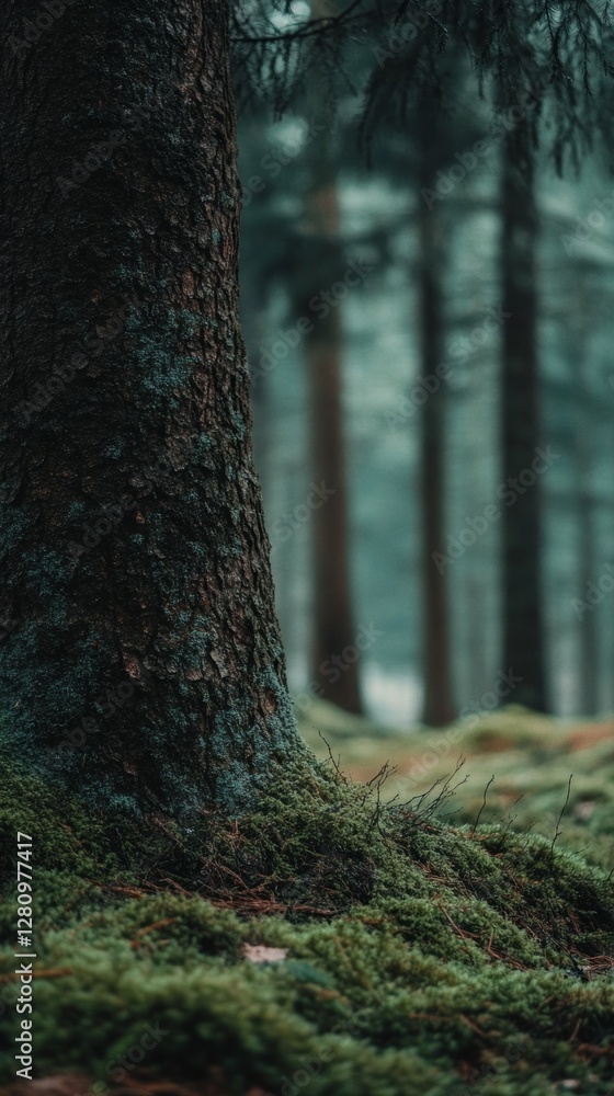 Poster close-up perspective reveals vibrant green moss thriving on the textured surface of a tree trunk, su