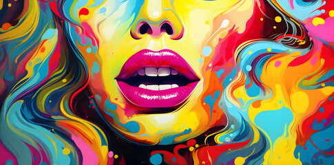Woman's mouth with colorful lips and a smile in the style of psychedelic pop art poster