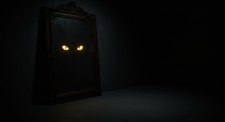Eerie reflection, Glowing eyes stare from a dark mirror frame
