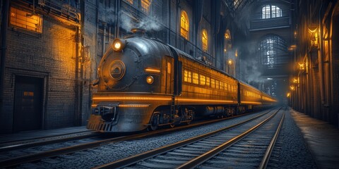 Obraz premium Arafed train rests on the tracks at a dimly lit station, showcasing a tranquil night scene with ambient lighting illuminating the surroundings.