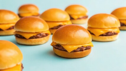 entertainment food pastel concept. Delicious cheeseburgers lined up against a vibrant blue background.