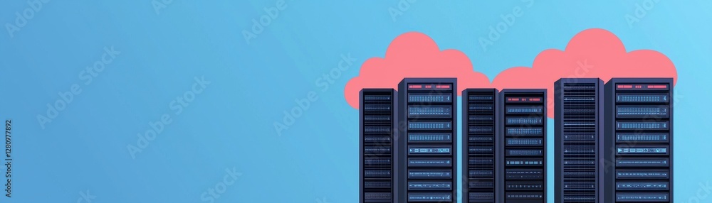Poster modern data center illustration with server racks and colorful cloud graphics on a blue background