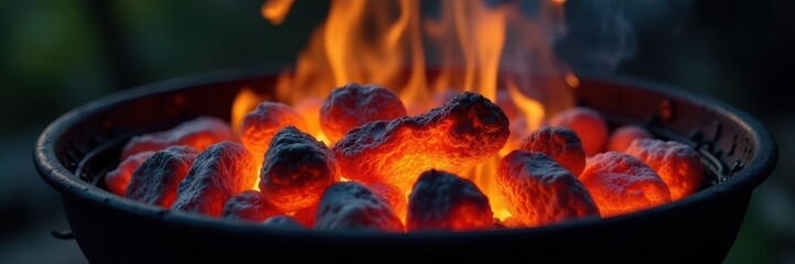 Gleaming hot coals, vibrant flames in empty BBQ grill, red, design, smoke