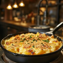 Gourmet Mac and Cheese in Cast Iron Skillet Creamy Cheese Sauce Breadcrumb Topping