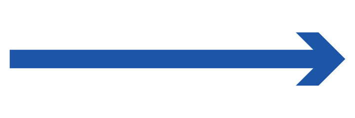 Blue long arrow pointing to the right. Straight long arrow icon, right thin line, blue cursor, horizontal element, thick pointer vector long arrow icon isolated on white background.