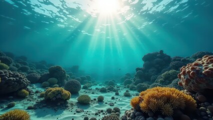 Naklejka premium Underwater coral reef affected by bleaching with sunlight streaming through 