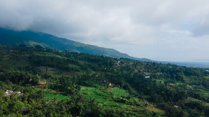Fototapeta premium Aerial View of Green Farmland and Forest in the Mountains Under Cloudy Skies