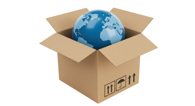 Isolated Globe in Cardboard Box, International Shipping Concept