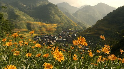 Fototapeta premium Tranquil valley scene with terraced rice fields, flowers and traditional homes