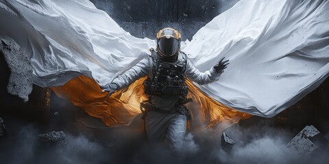 Obraz premium A man wearing a gas mask and a flowing cape soars through the sky, evoking a sense of adventure and mystery in his airborne journey.