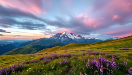 Naklejka premium Majestic snow-capped mountain peak, vibrant purple wildflowers in foreground, rolling green hills, dramatic sunset sky, pink and blue clouds, panoramic landscape, ethereal light