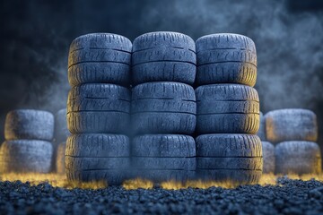 Obraz premium A large stack of tires arranged in a disorganized pile, showcasing various sizes and conditions, typical of a tire storage area.