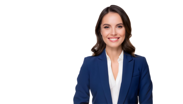Portrait of a smiling businesswoman, a professional and confident woman in blue suit, isolated on transparent background