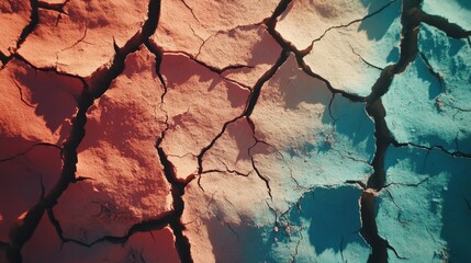 Fototapeta premium Vibrant cracked earth with red and blue colors depicting dryness and texture