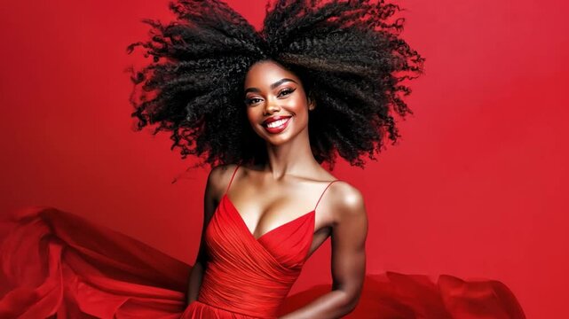 Radiant Woman in Red: A stunning woman with voluminous, textured hair exudes elegance and confidence, enveloped in a flowing red gown against a vibrant background.